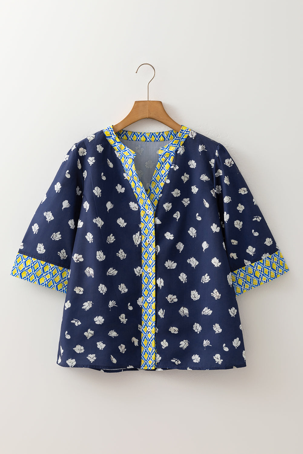 Blue Floral Print Half Sleeve Contrast Trim V Neck Blouse