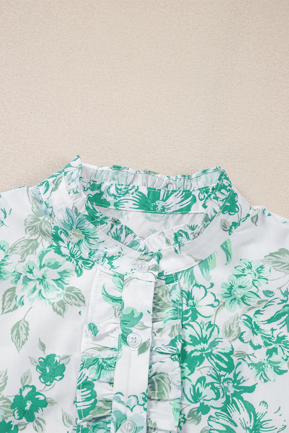 Green Floral Print Ruffle Sleeve Frilly Button Up Shirt