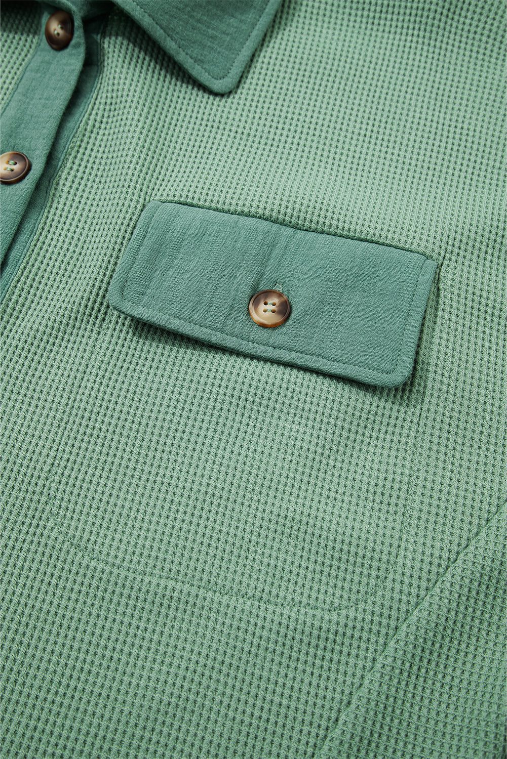 Grass Green Waffle Knit Vintage Patchwork Button Up Loose Shirt
