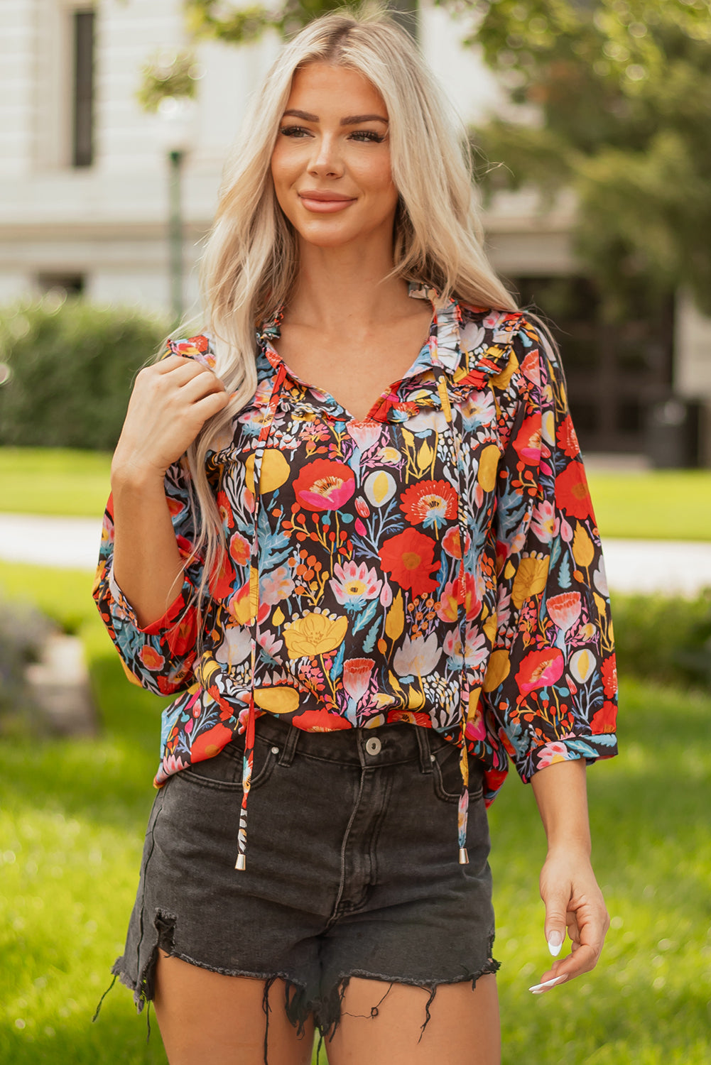 Black Floral 3/4 Puff Sleeve Tied Neck Blouse