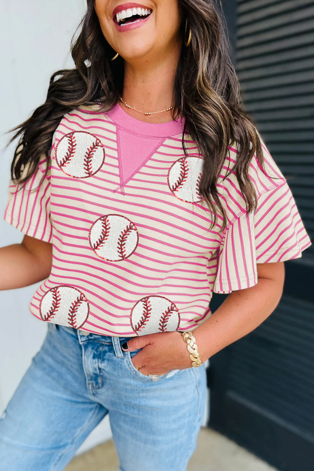 Sachet Pink Sequin Baseball Pattern Striped Ruffle Sleeve Round Neck Knit Top