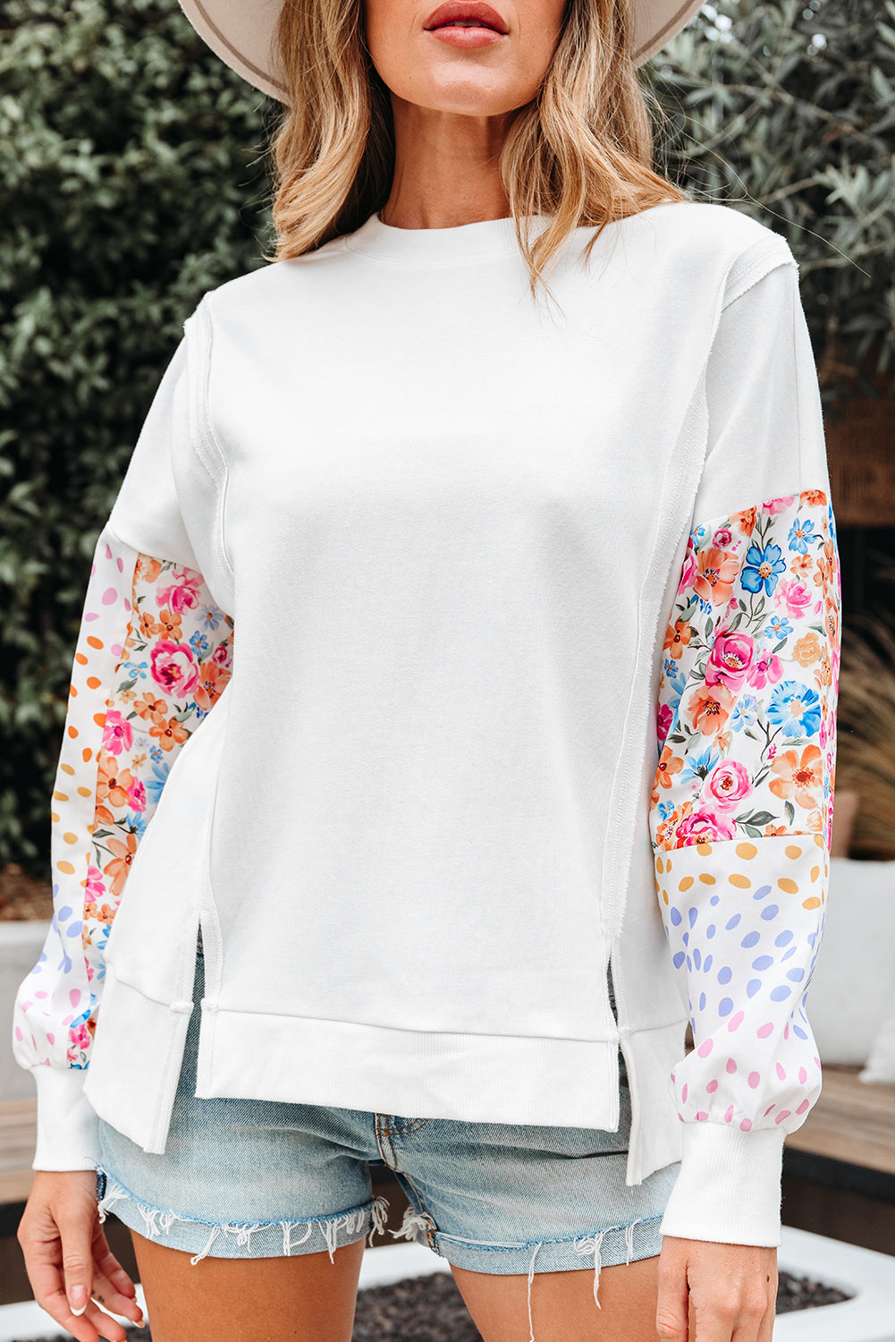 White Floral Dotted Mixed Print Patchwork Sleeve High Low Casual Sweatshirt