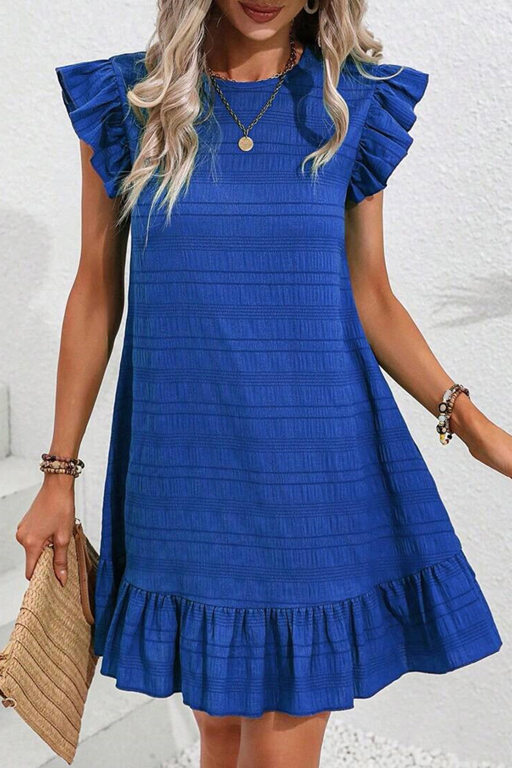 Dark Blue Textured Flutter Sleeve Ruffled Mini Dress