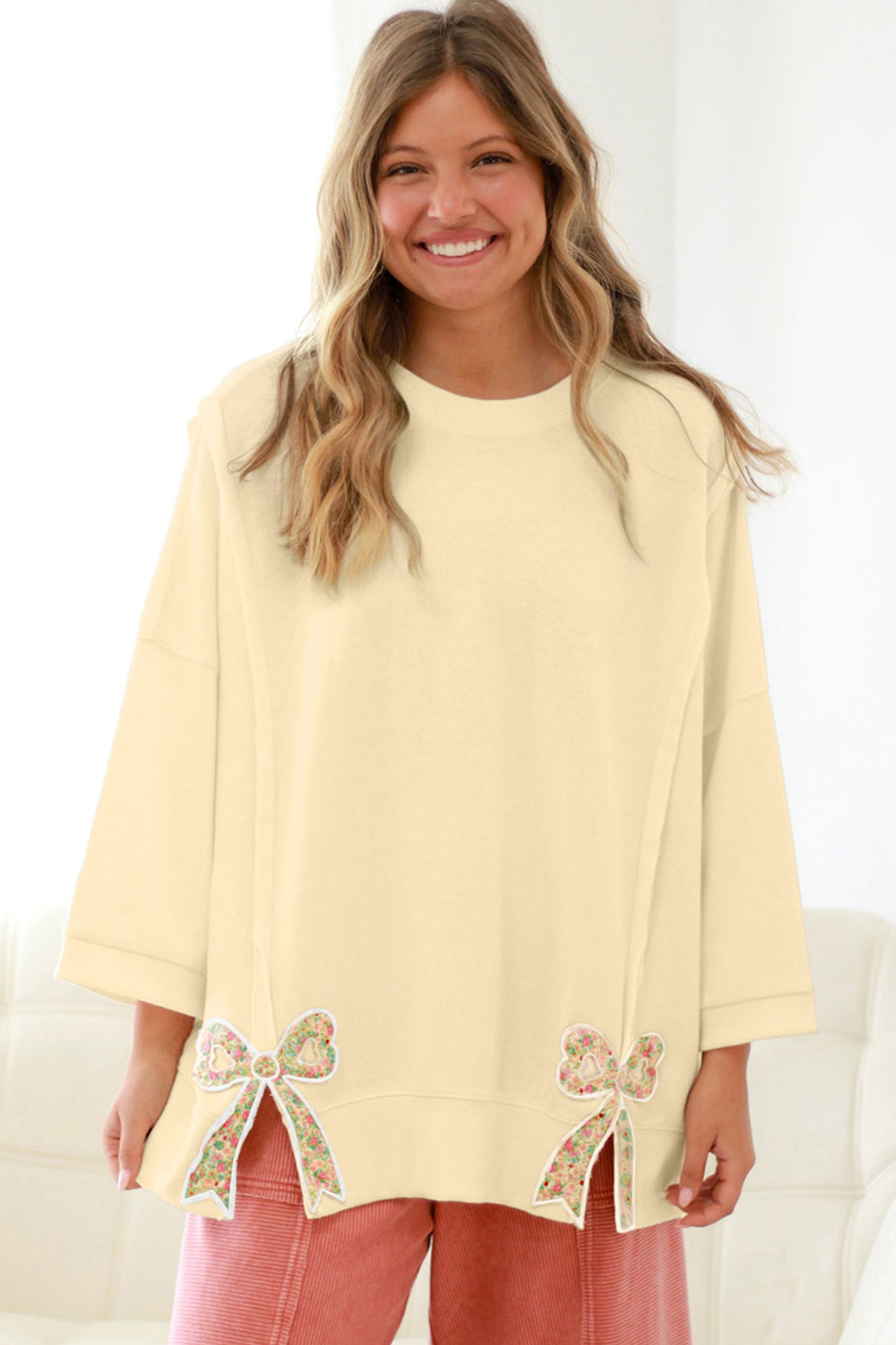 Beige Plus Size Raw Seam Detail Floral Bow Patched Baggy Pullover