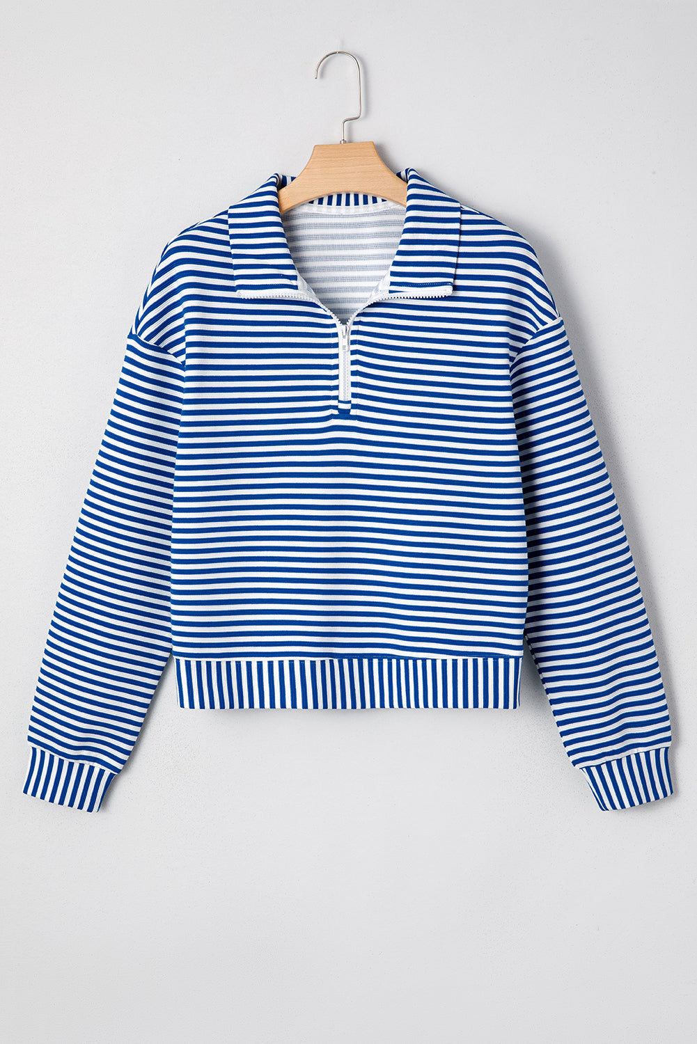 Blue Stripe Quarter Zip Collar Pullover Long Sleeve Top