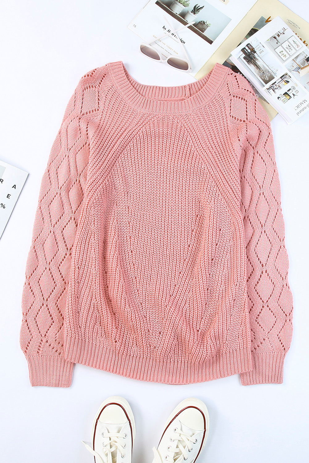 Pink Hollow-out Puffy Sleeve Knit Sweater