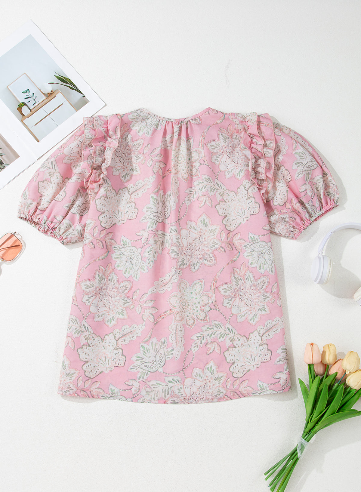 Pink Floral Print Drawstring V Neck Puff Sleeve Loose Blouse