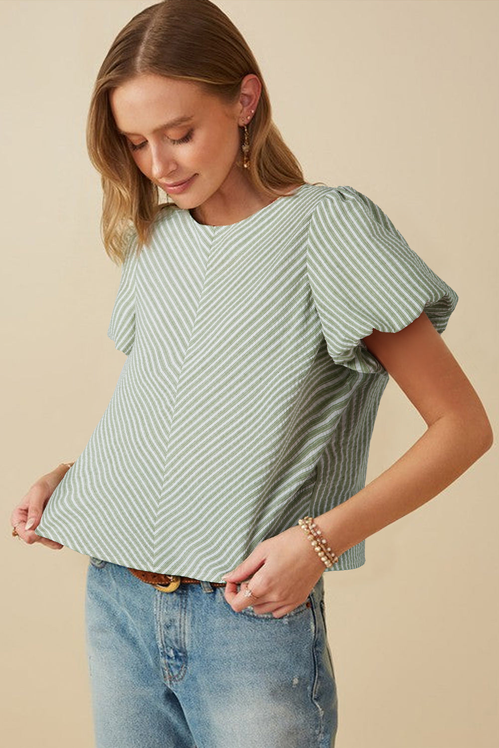 Green Stripe Textured Round Neck Short Puff Sleeve Blouse
