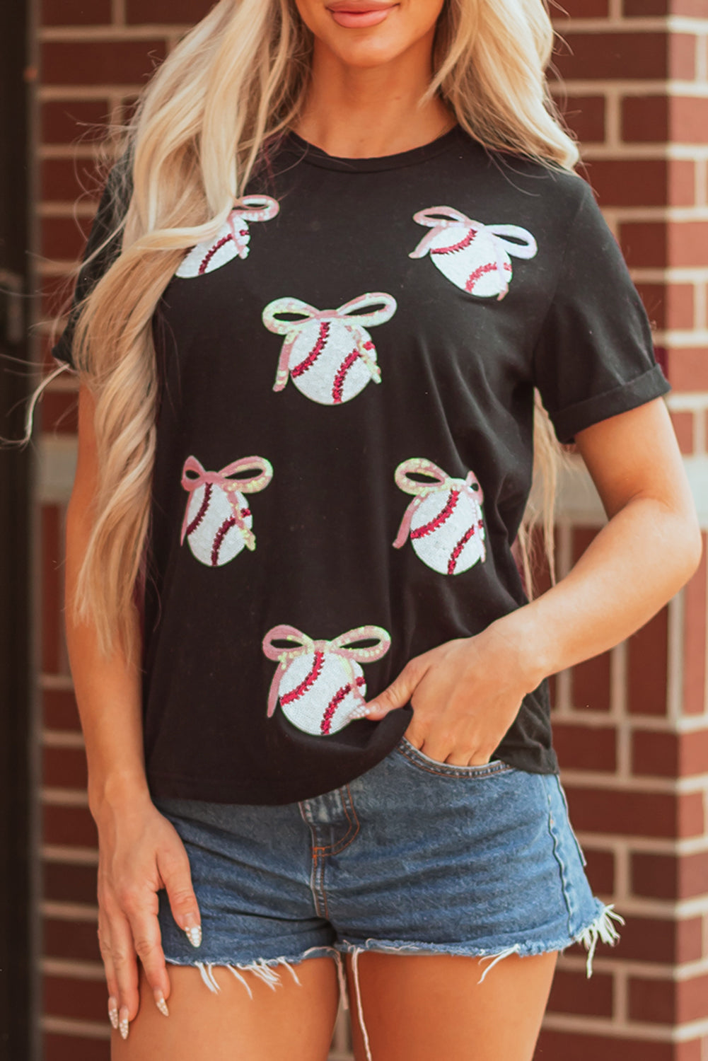 Black Shimmering Sequin Bow Ball Patterned Game Day Casual Tee