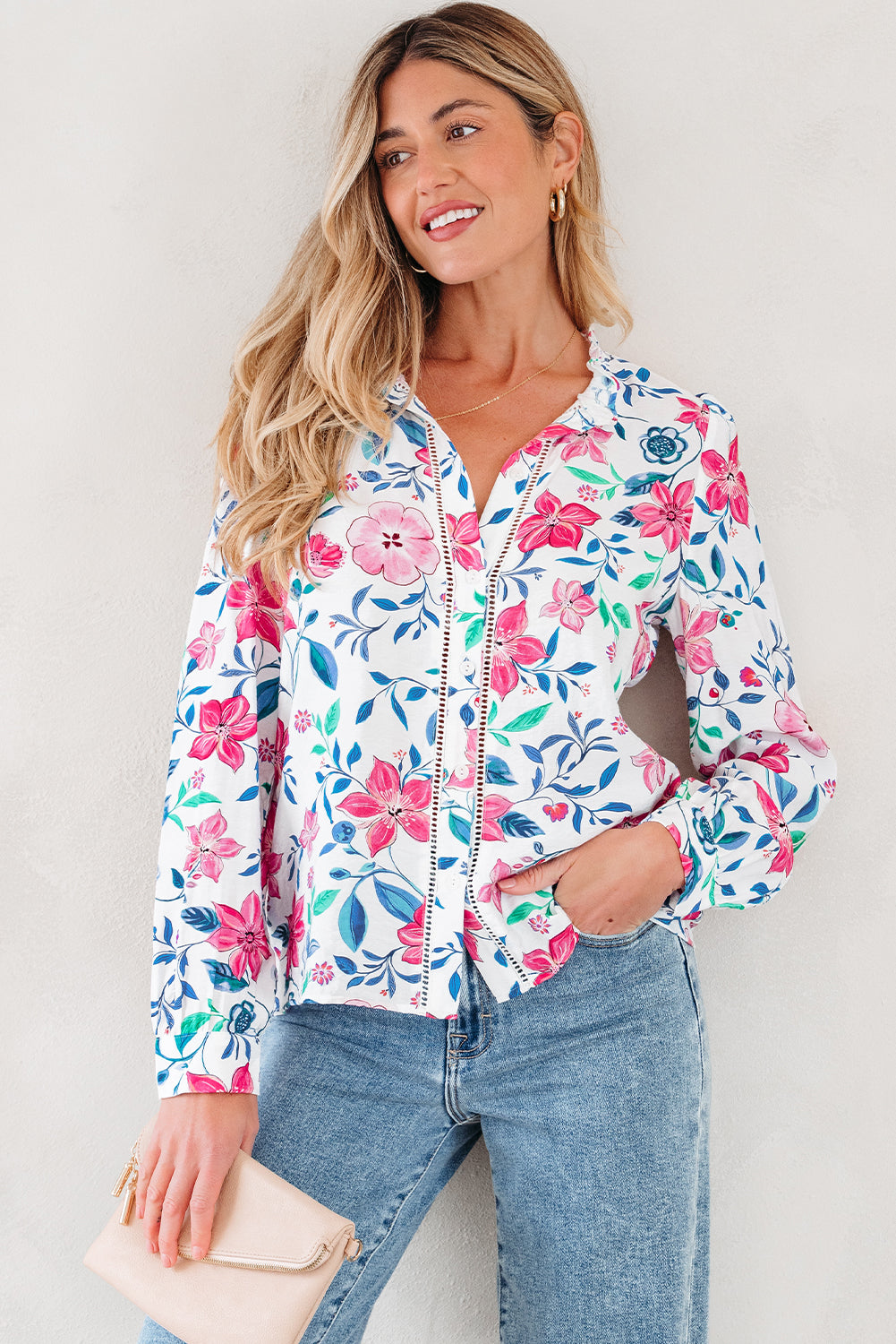 Pink Floral Print Lace Detail Button-up Long Sleeve Shirt