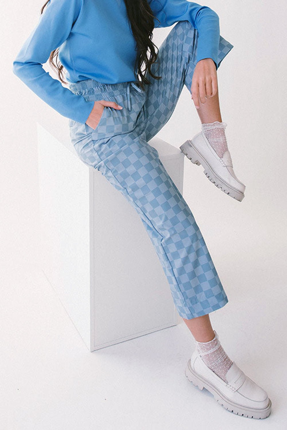Sky Blue Checkered Elastic High Waist Loose Casual Pants