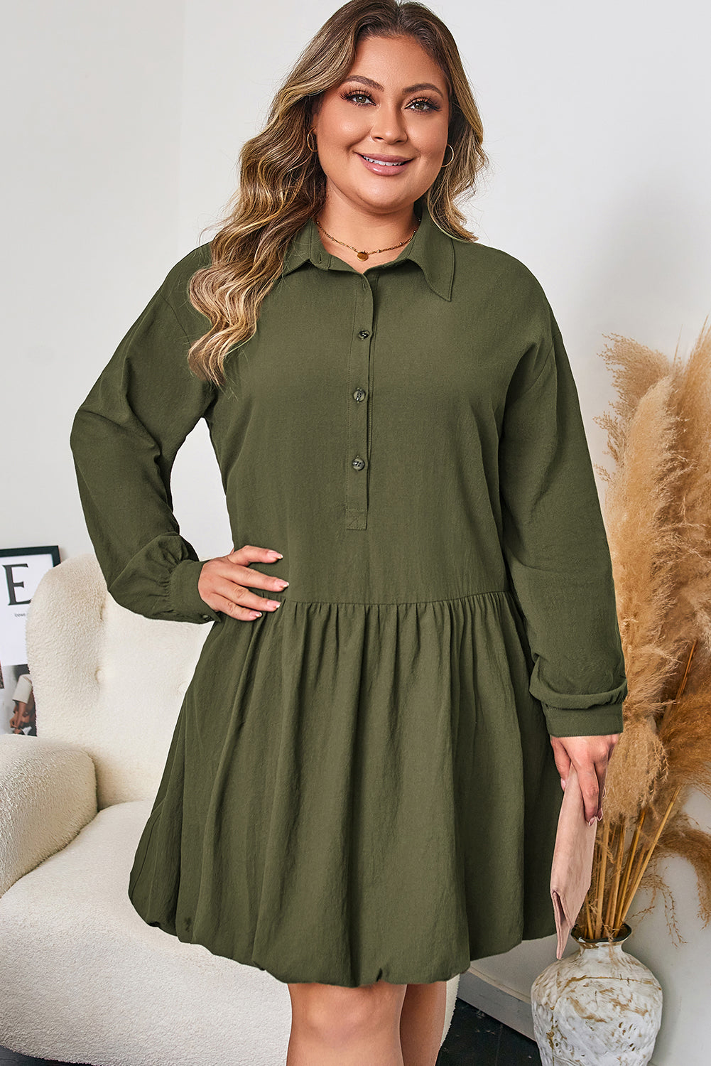 Four Leaf Clover Plus Size Collar Half Button Long Sleeve Ruffle Hem Mini Dress