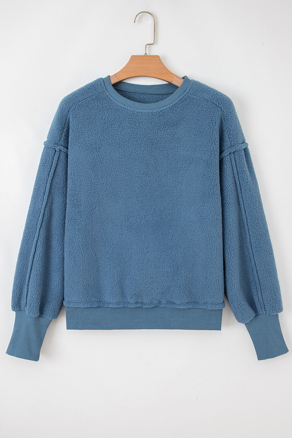 Sail Blue Fleece Drop Shoulder Exposed Seam Patchwork Casual Sweatshirt