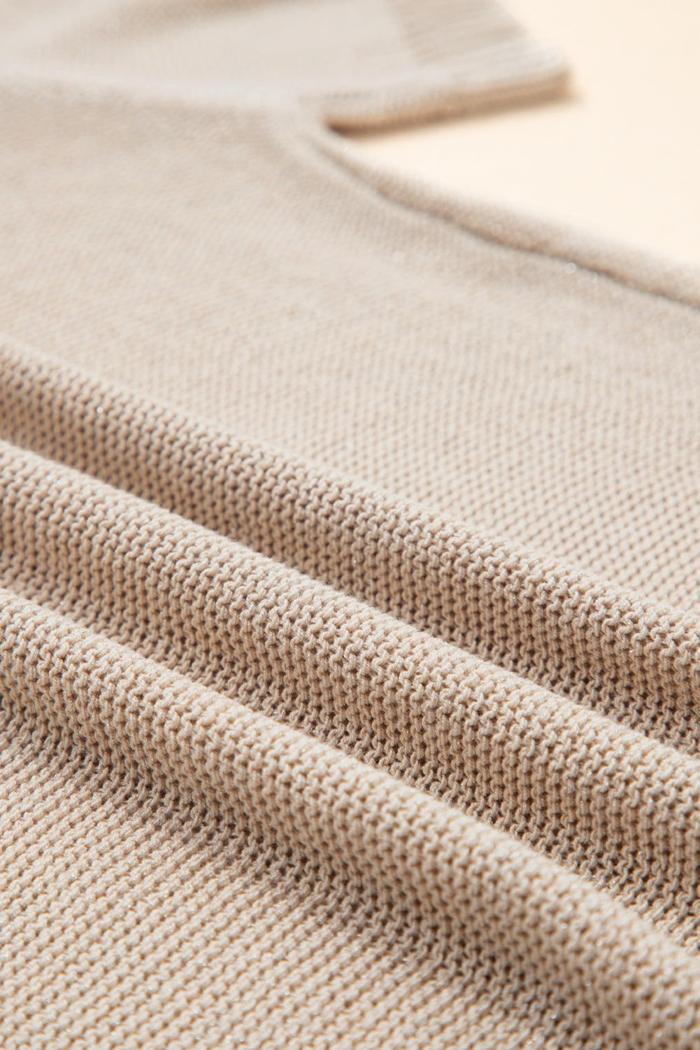 Beige Shiny Knitted Short Sleeve Drop Shoulder Sweater