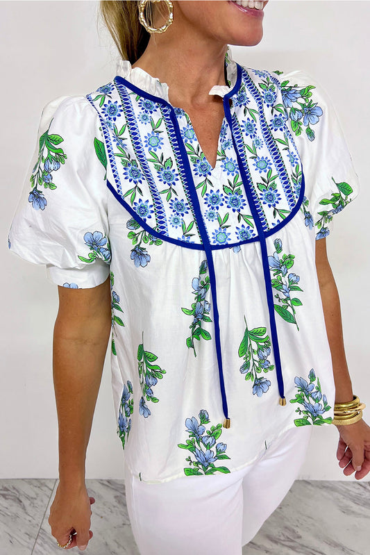 Beige Floral Print Piping Trim Tie Neck Short Sleeve Blouse