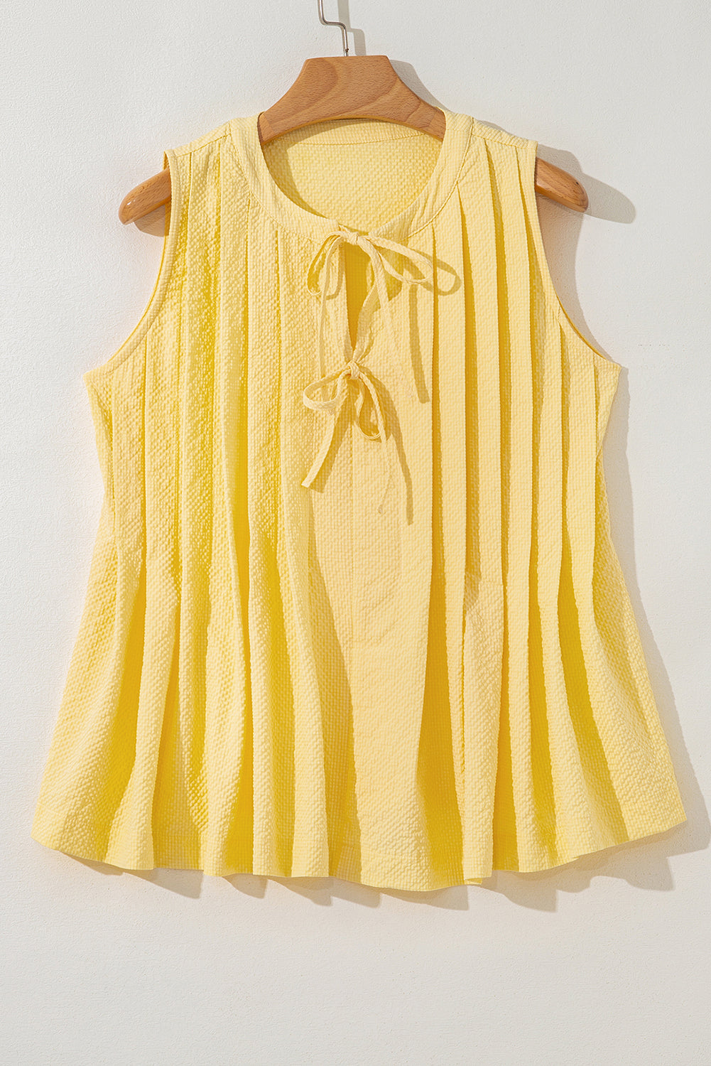 Yellow Cream Bow Tie Notched Neck Pleated Tank Top