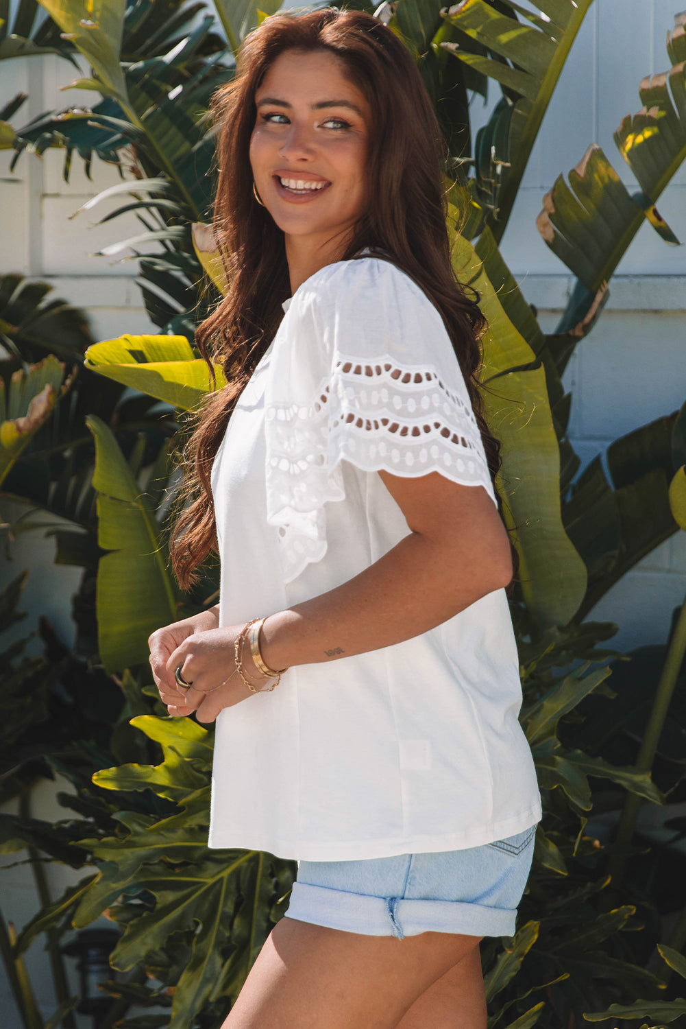 White Hollow Out Embroidered Short Sleeve O Neck Top