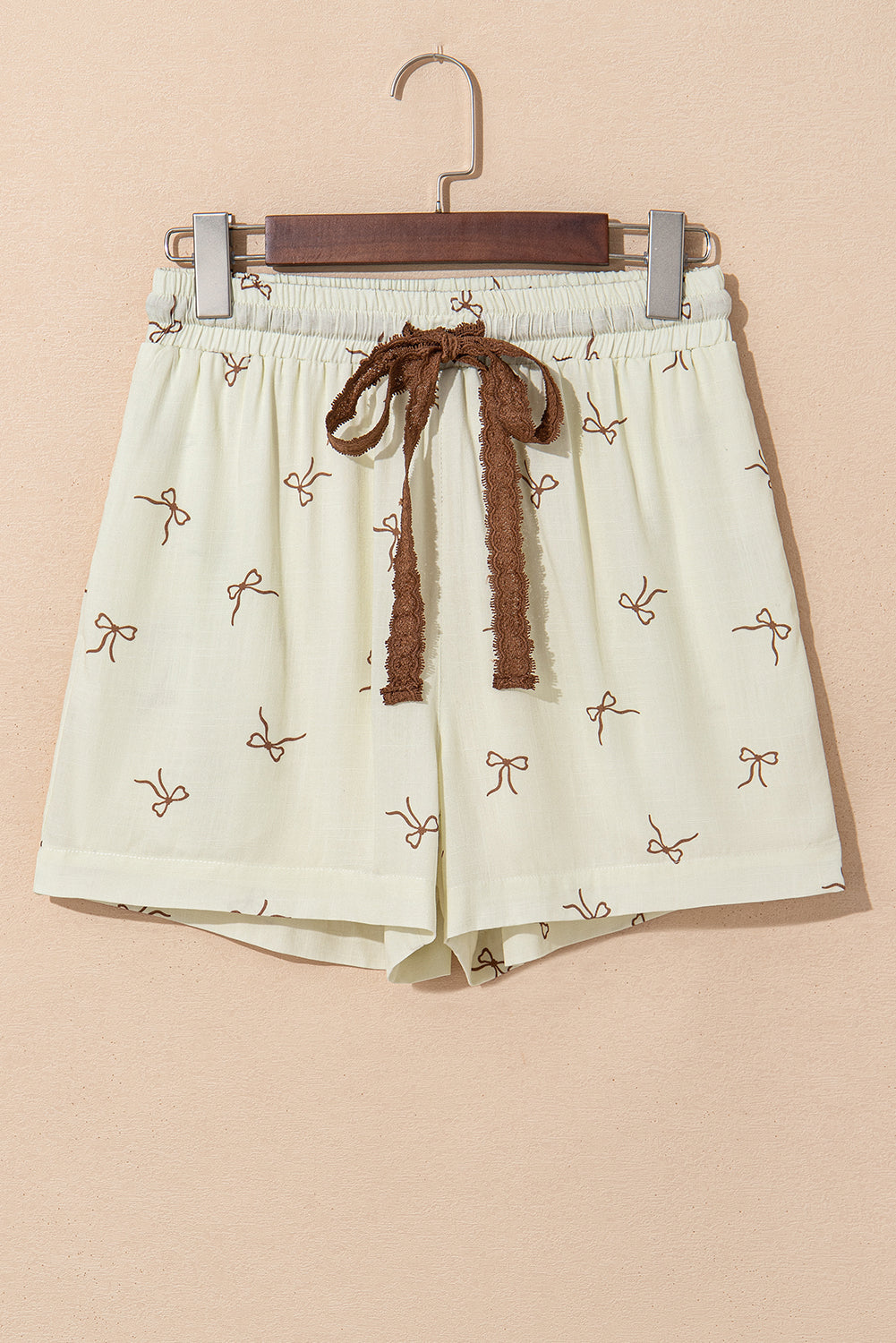 White Bow Print Lace Drawstring Elastic Waistband Casual Shorts