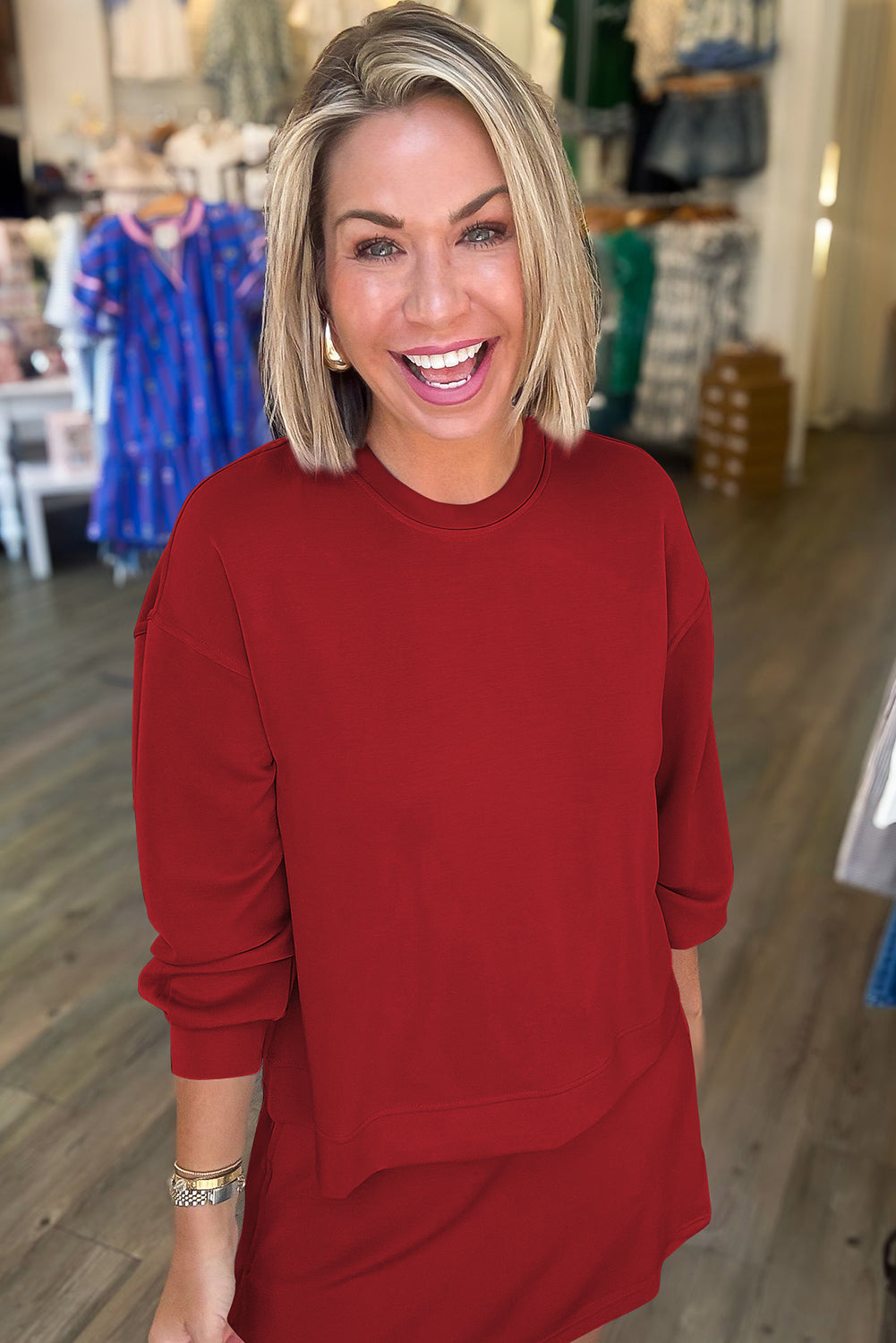 Racing Red Solid Color Drop Shoulder Pullover Drawstring Mini Skirt 2pcs Outfit