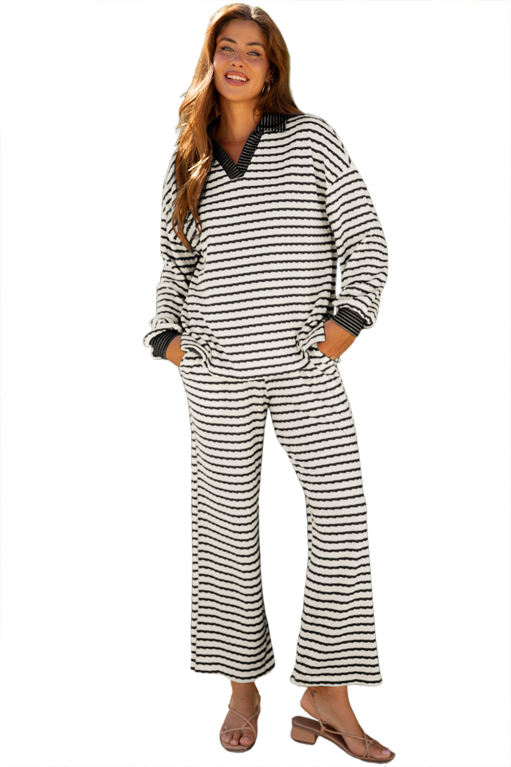 White Stripe Collared Pullover Top and Drawstring Pant Set