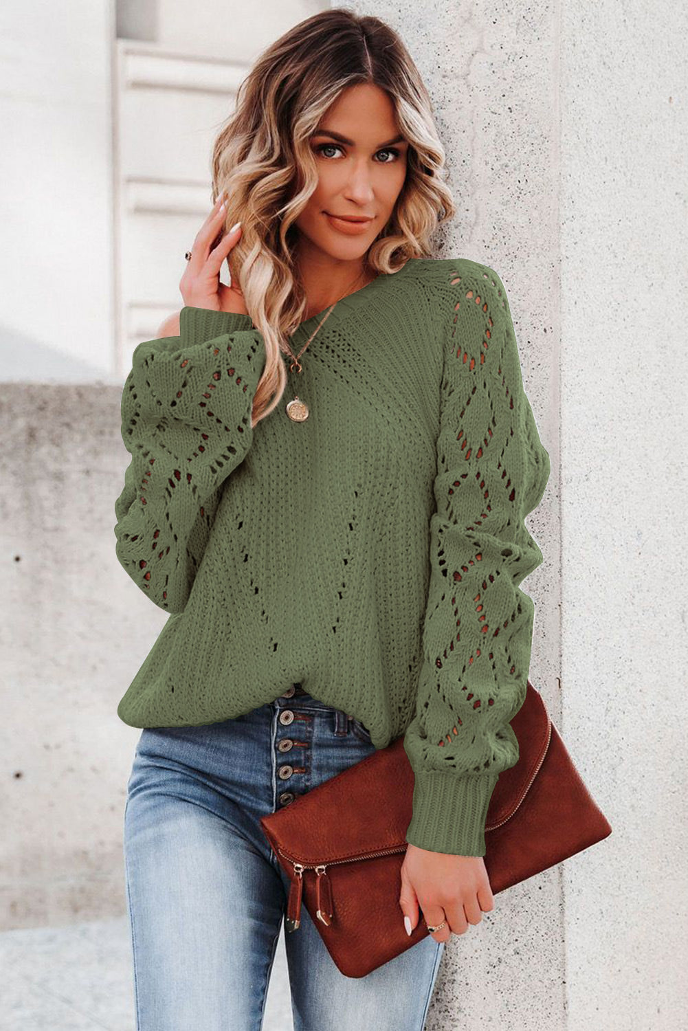 Green Hollow-out Puffy Sleeve Knit Sweater
