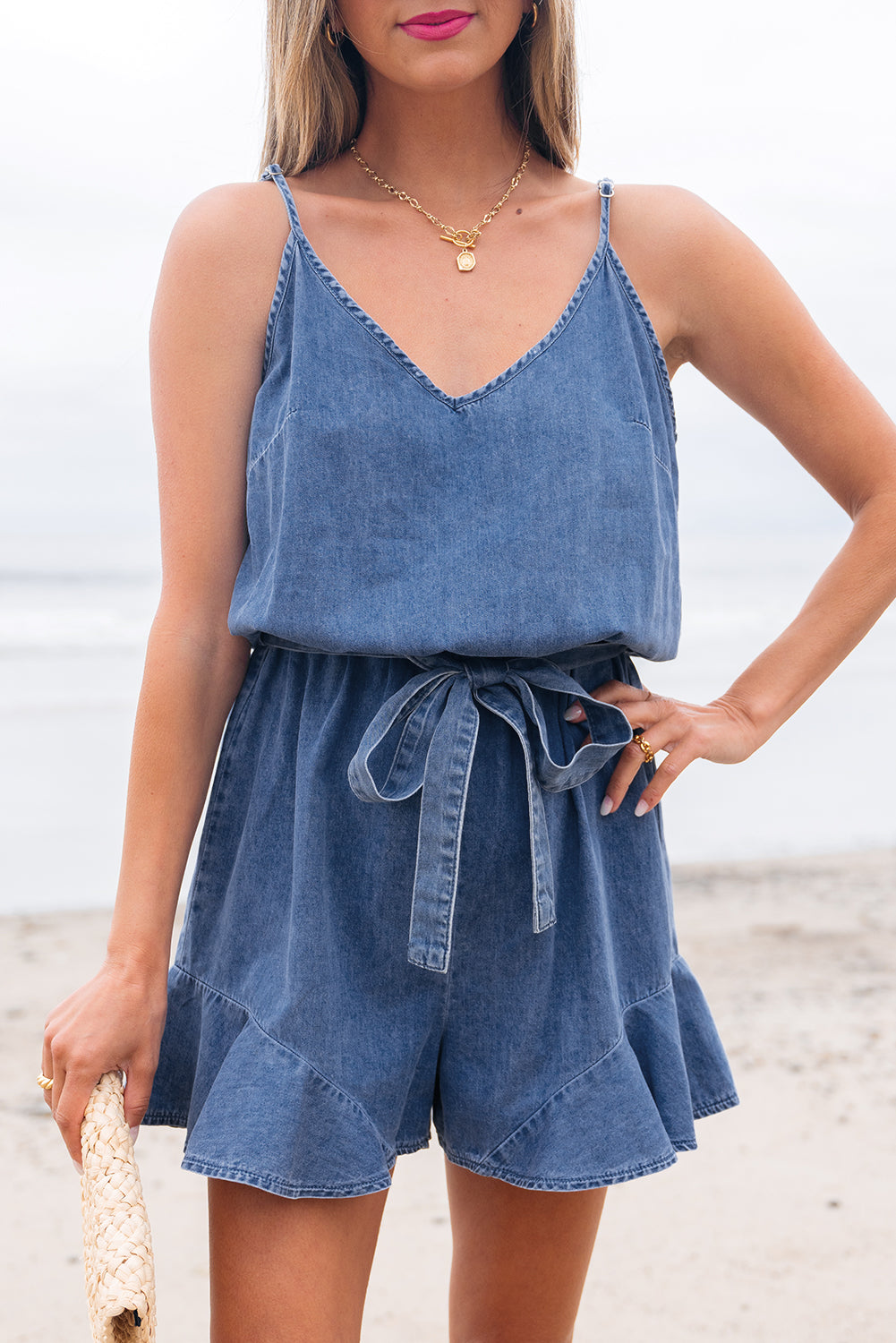 Ashleigh Blue Spaghetti Straps V Neck Belted Ruffled Leg Chambray Romper