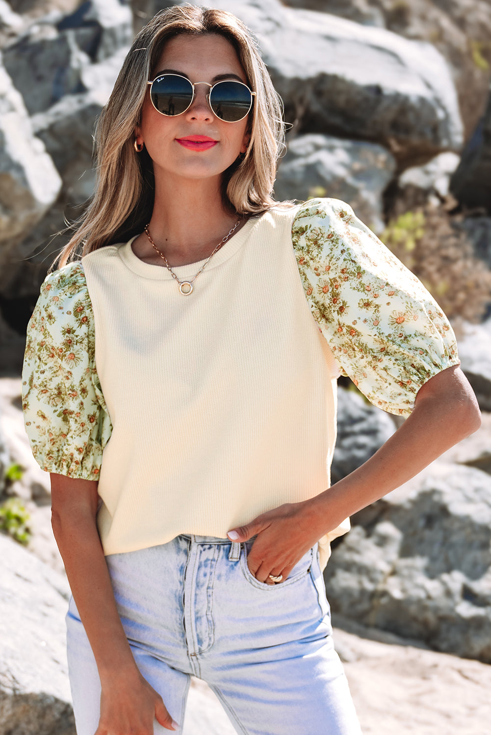 Beige Contrast Floral Bubble Sleeve Patchwork Ribbed Top