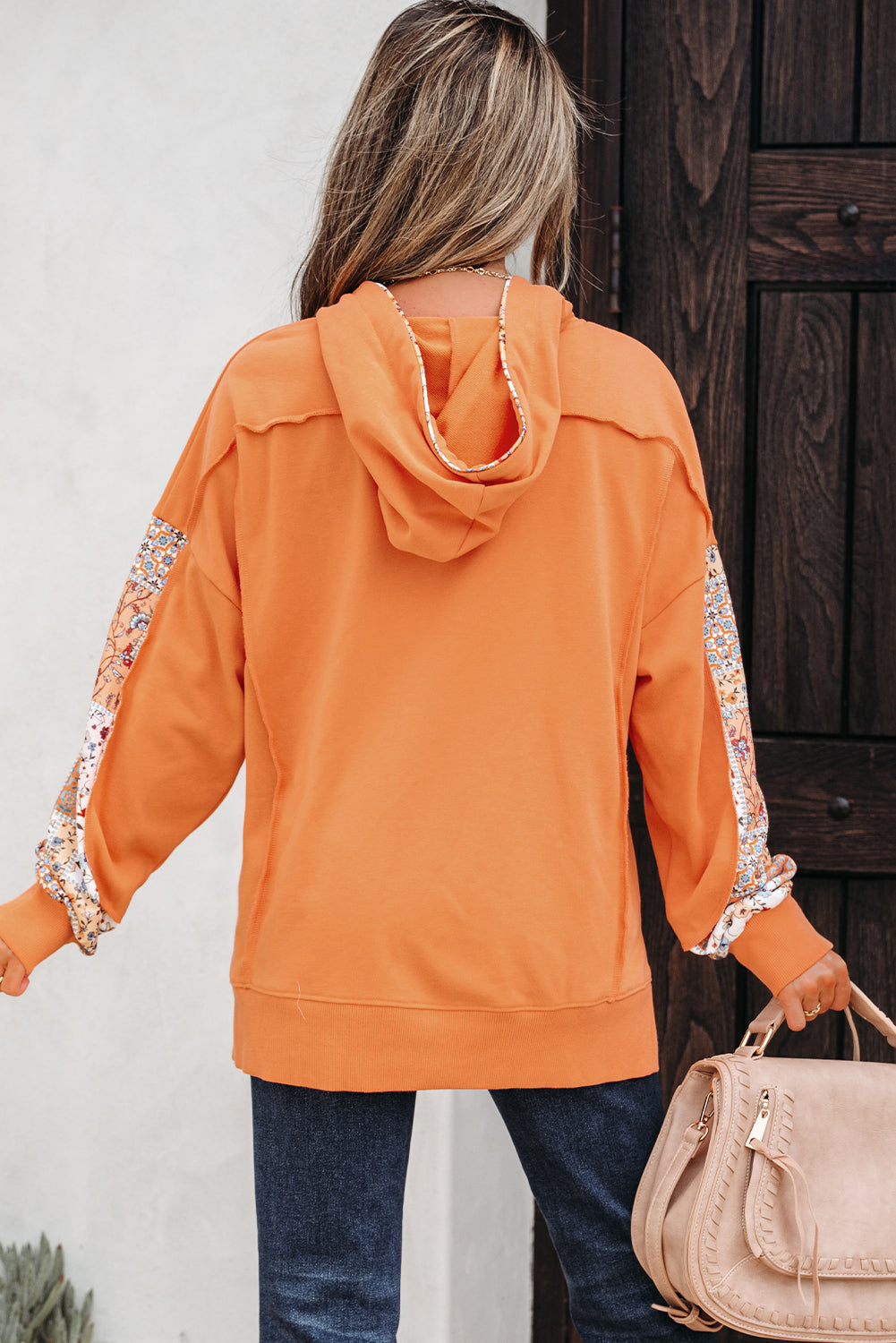 Flamingo Mix Floral Patchwork Side Slit Drawstring Hoodie