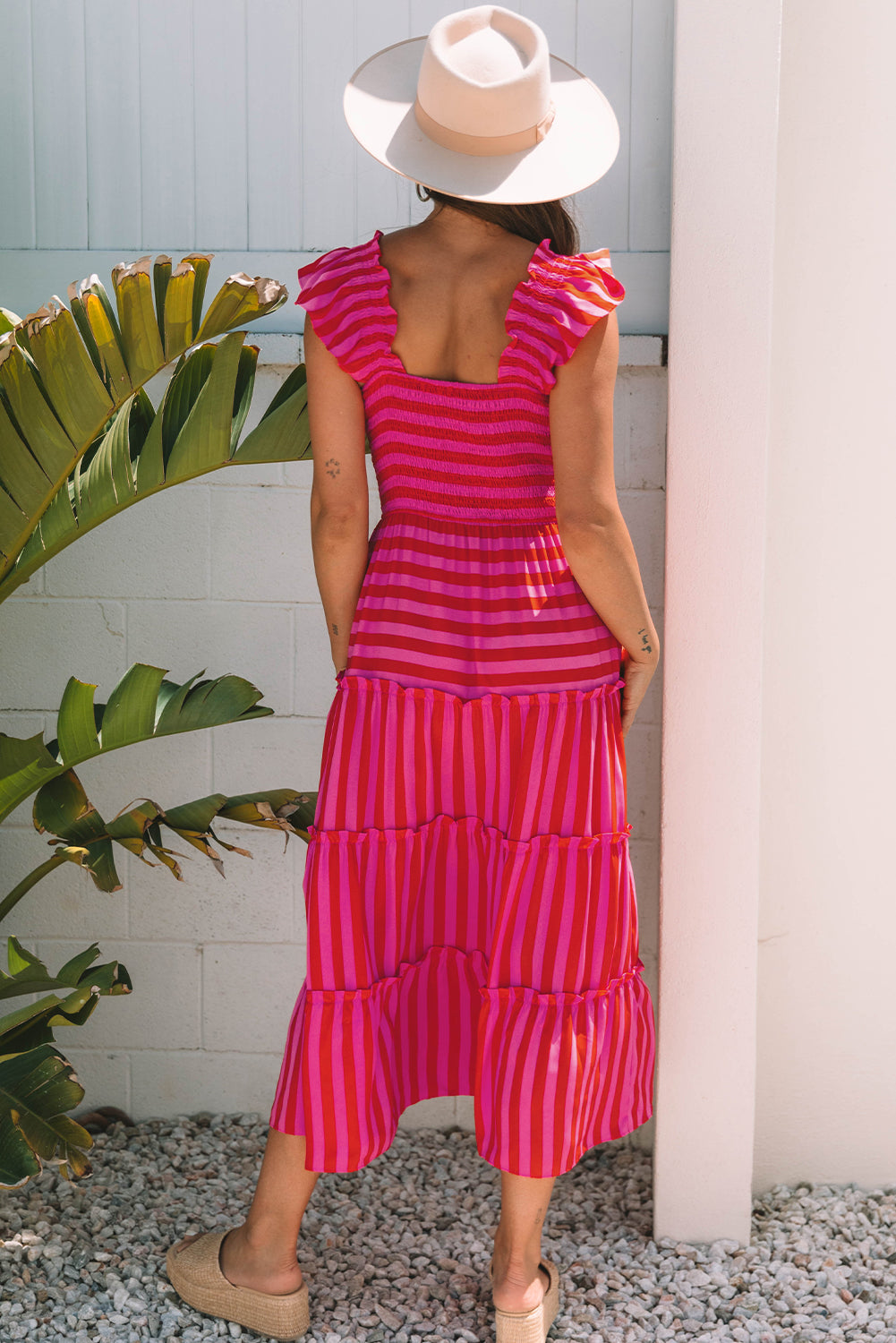 Rose Stripe Flutter Sleeve Smocked Bodice Tiered Maxi Dress