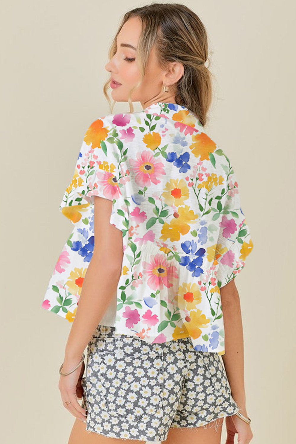 Yellow Floral Boxy Fit Ruffled Short Sleeve V Neck Blouse