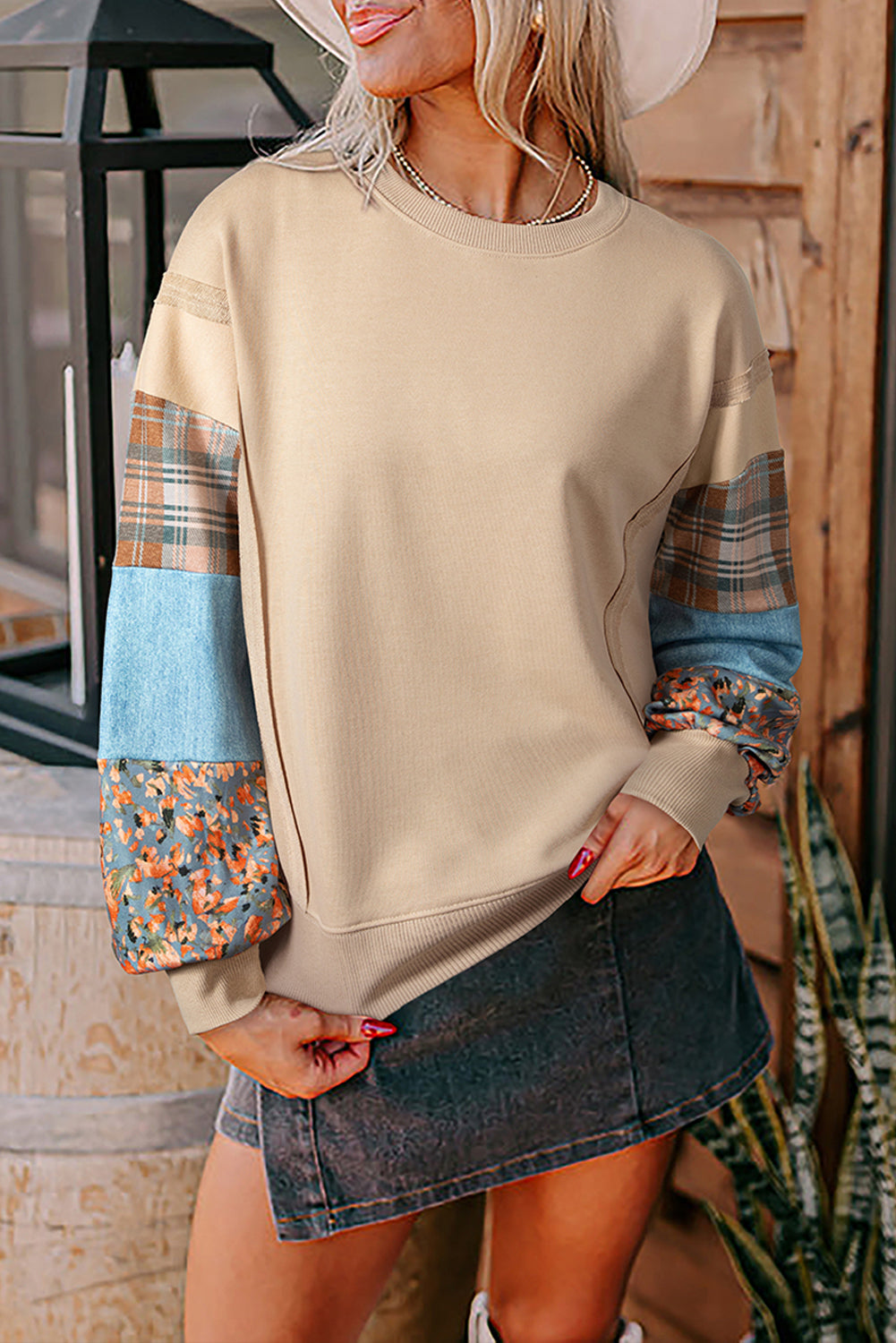 Smoke Gray Plaid Colorblock Patchwork Sleeve Raw Seam Sweatshirt