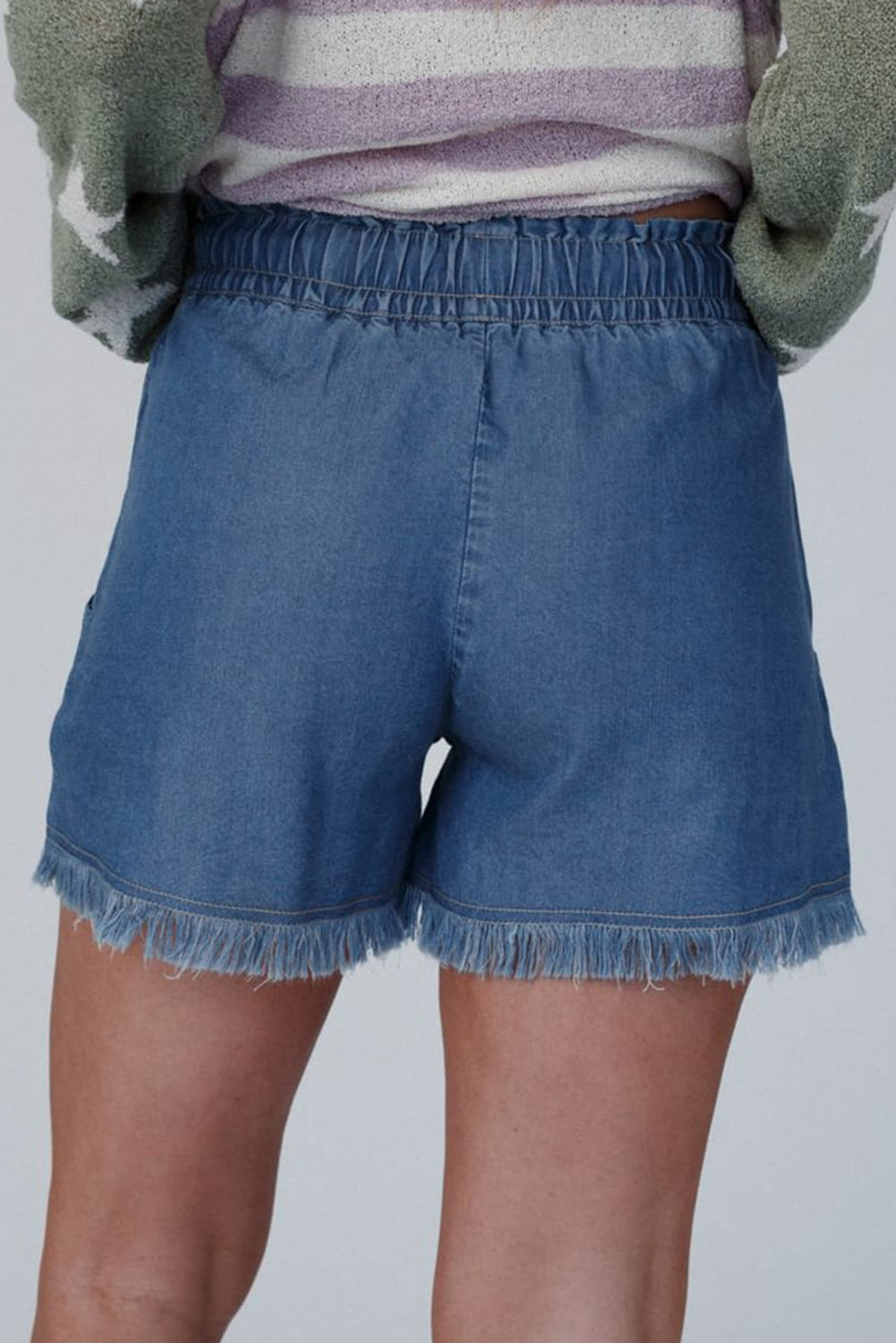 Ashleigh Blue Raw Hem Drawstring Elastic Waistband Denim Shorts with Pockets