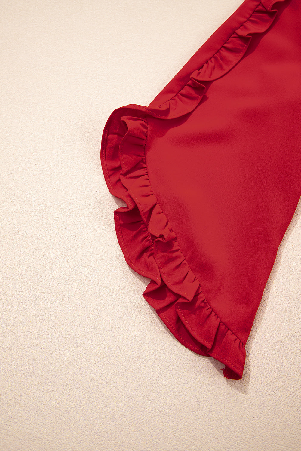 Fiery Red Ruffle Trimmed 3/4 Sleeve Round Neck Blouse