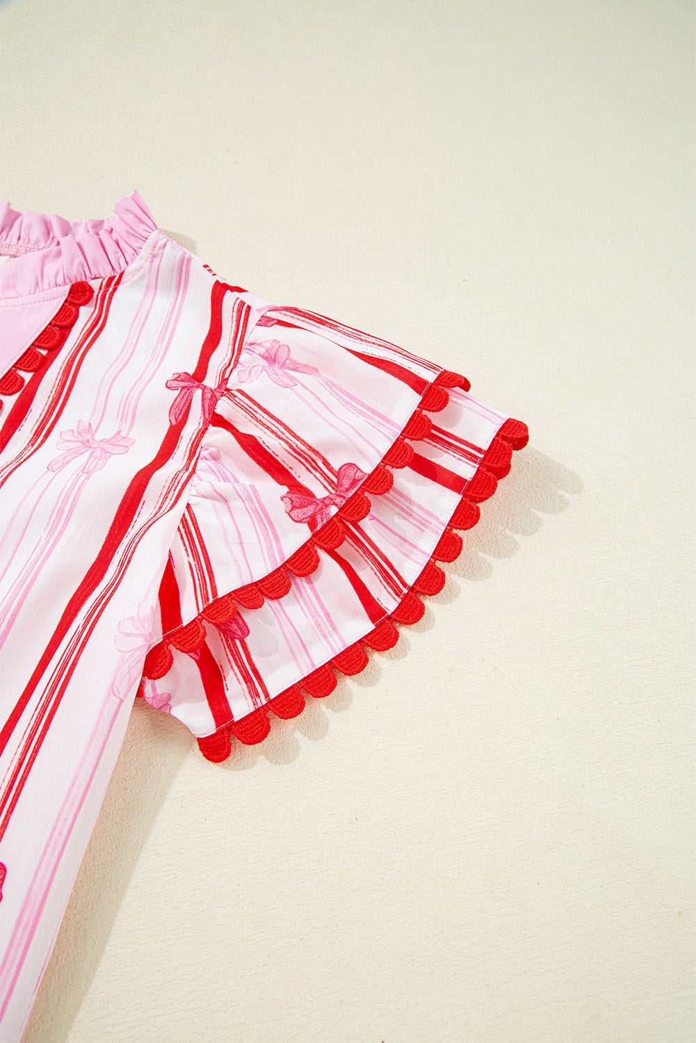 Pink Ric-rac Trim Ruffled Sleeve V Neck Bow Striped Printed Blouse