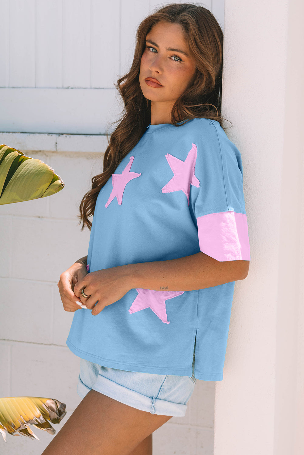 Myosotis Frayed Denim Star Patched Oversize T Shirt