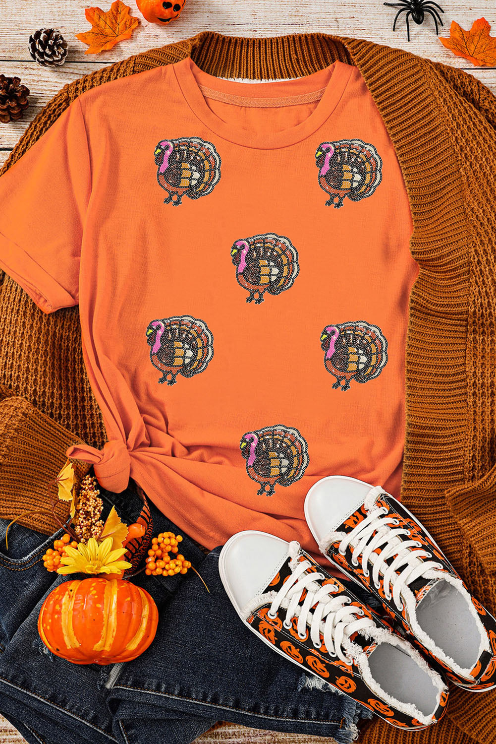 Orange Thanksgiving Turkey Sequin Graphic Womens Casual T Shirt