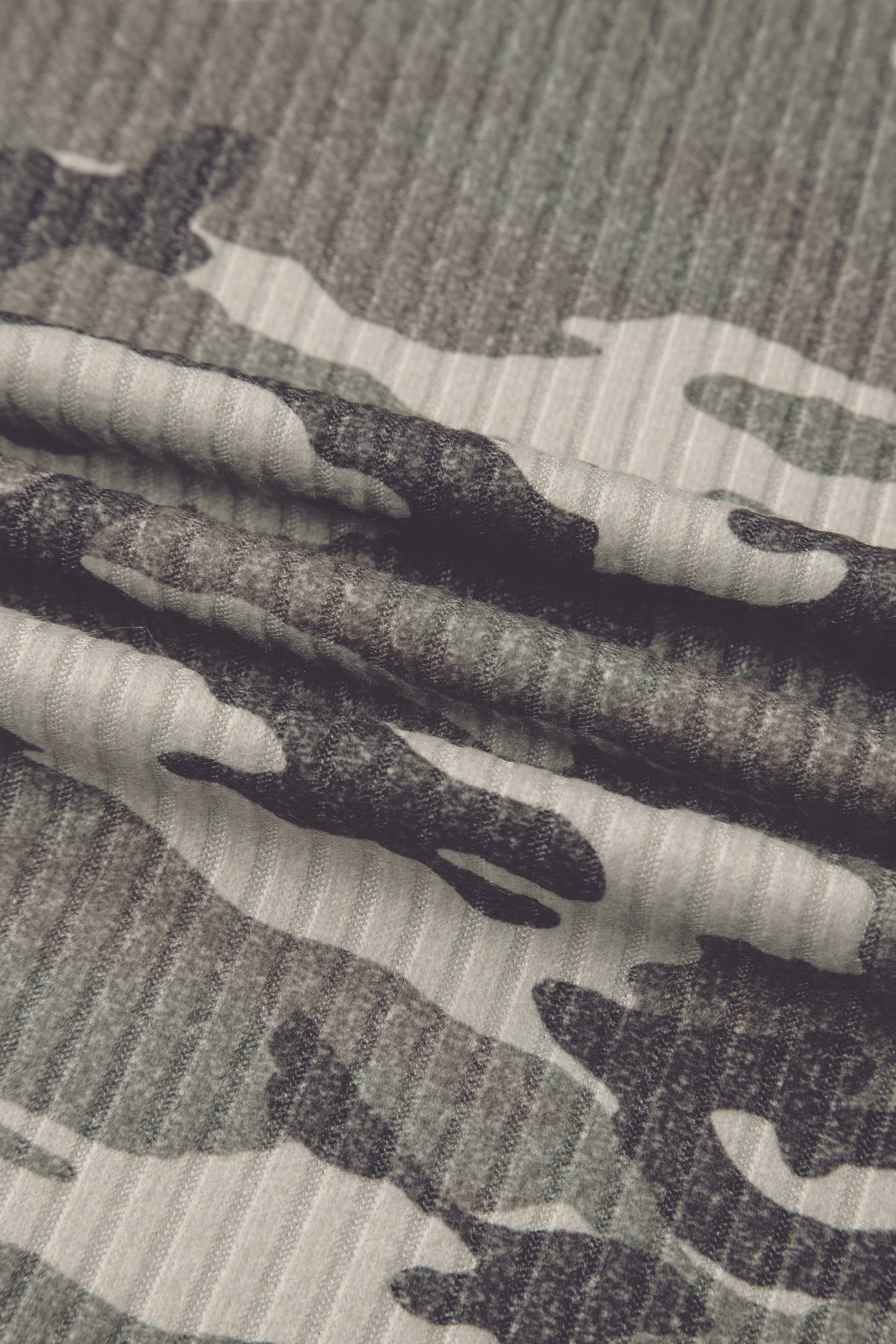 Gray Camouflage Print Ribbed Knit Round Neck Tank Top