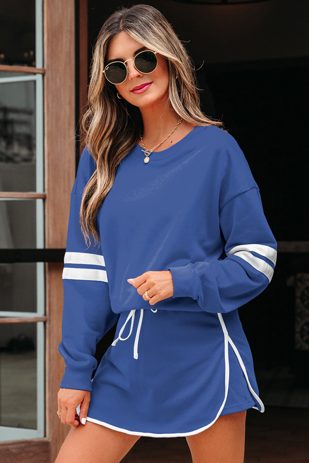 Sky Blue Varsity Stripe Detail Drop Shoulder Pullover Mini Skirt Set