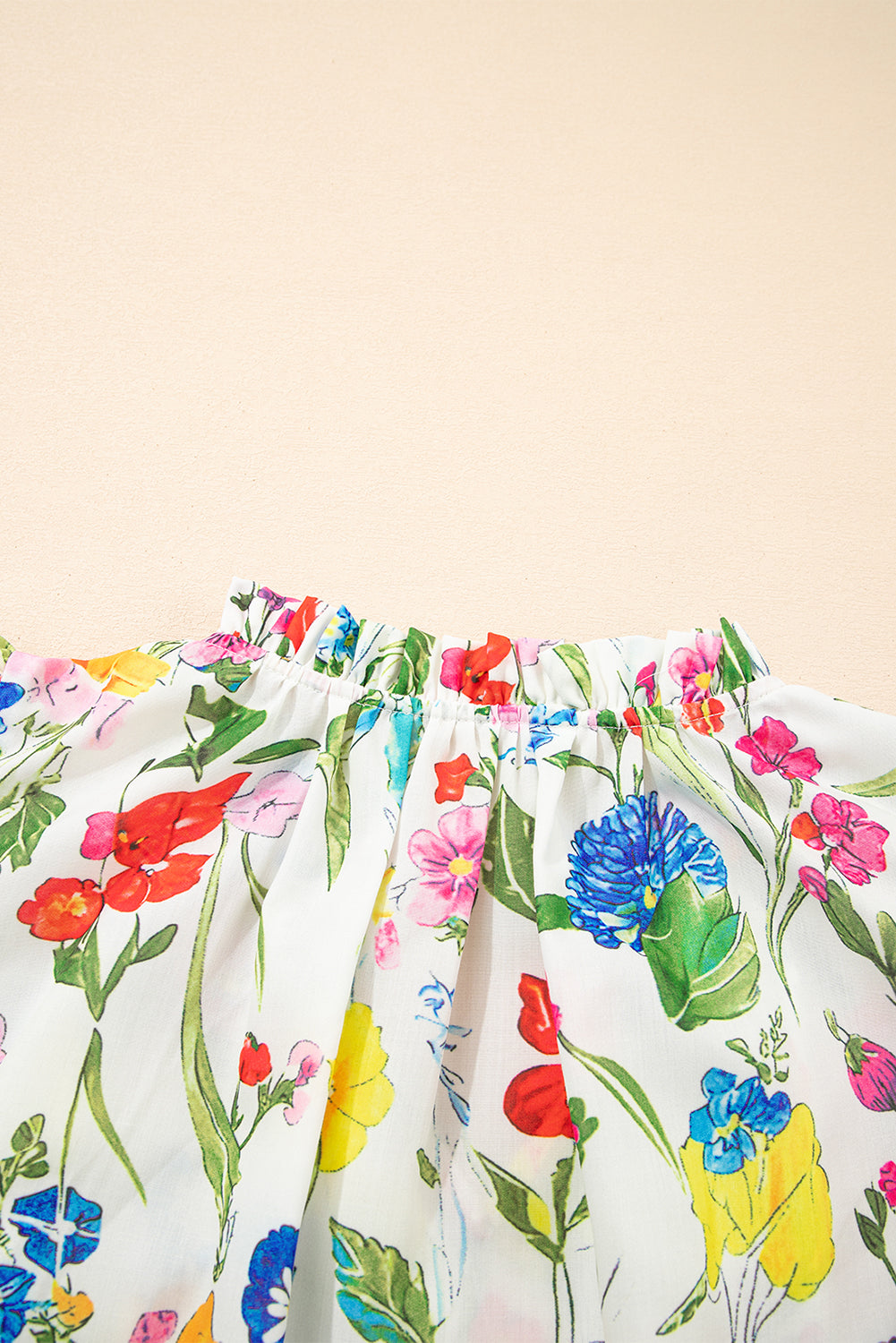 White Floral Print Ruffle Tiered Sleeve Split V Neck Blouse