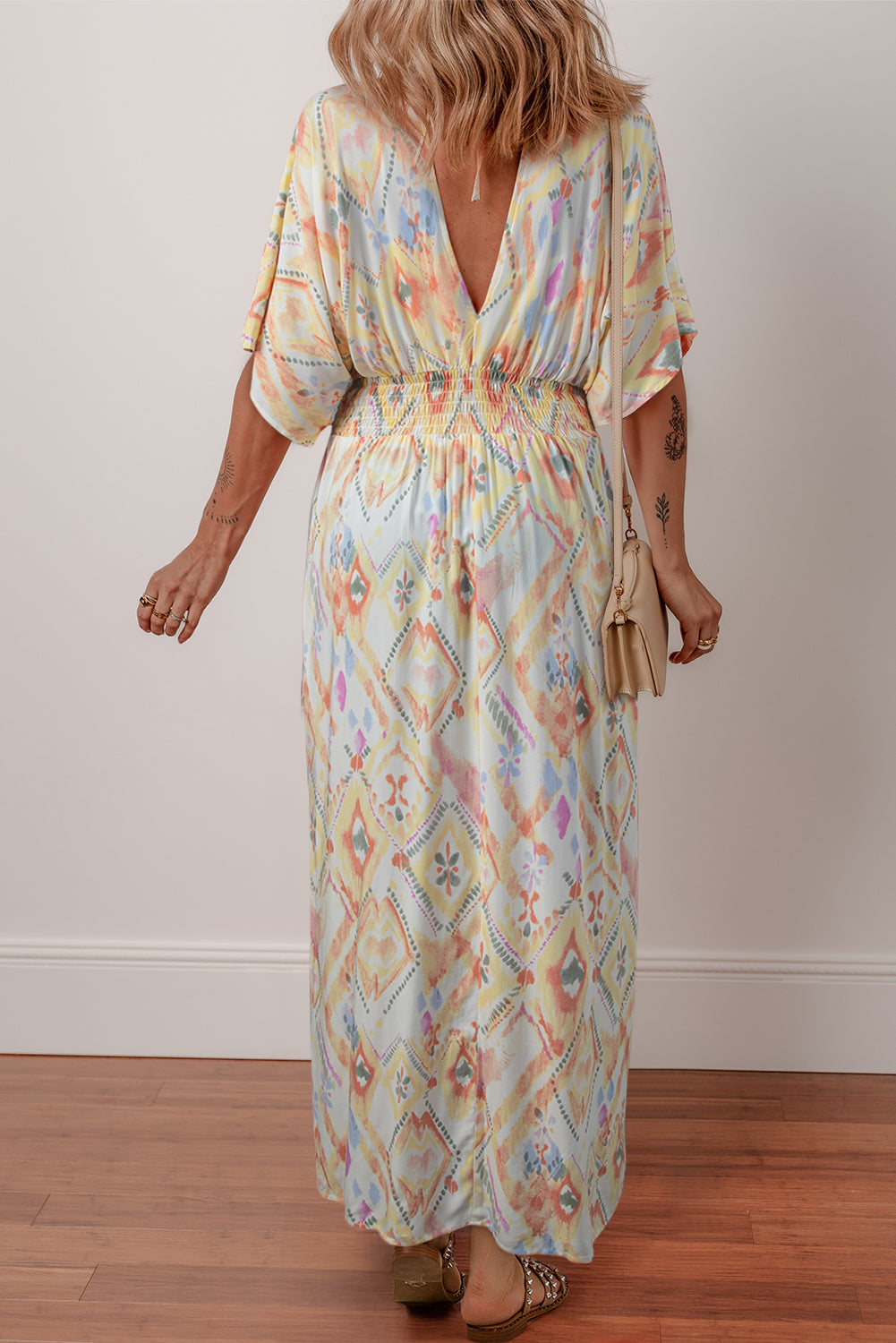 Multicolour Geometric Print Half Sleeve Shirred High Waist Maxi Dress