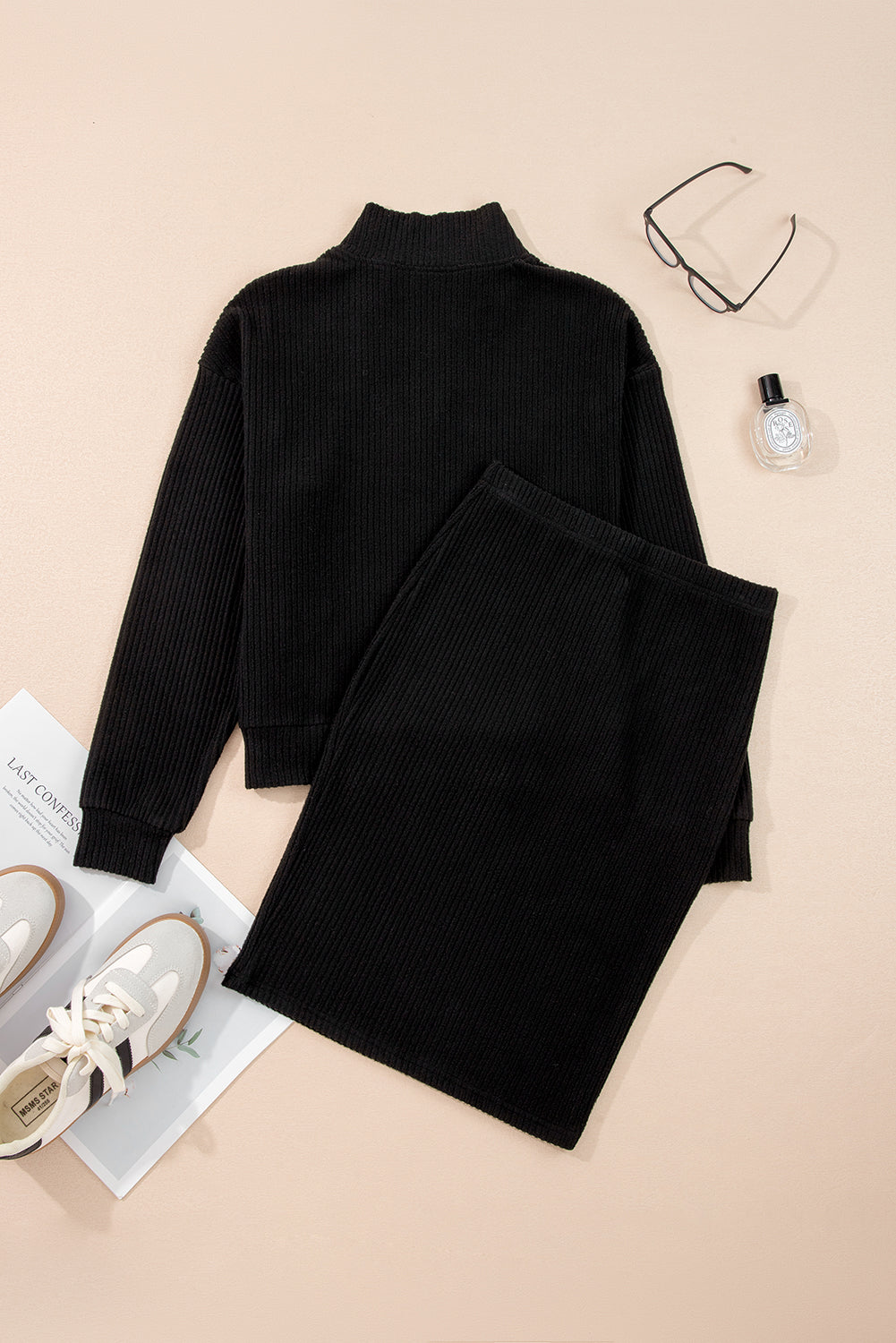 Black Ribbed Zip Stand Neck Drop Shoulder Pullover Bodycon Skirt 2pcs Set