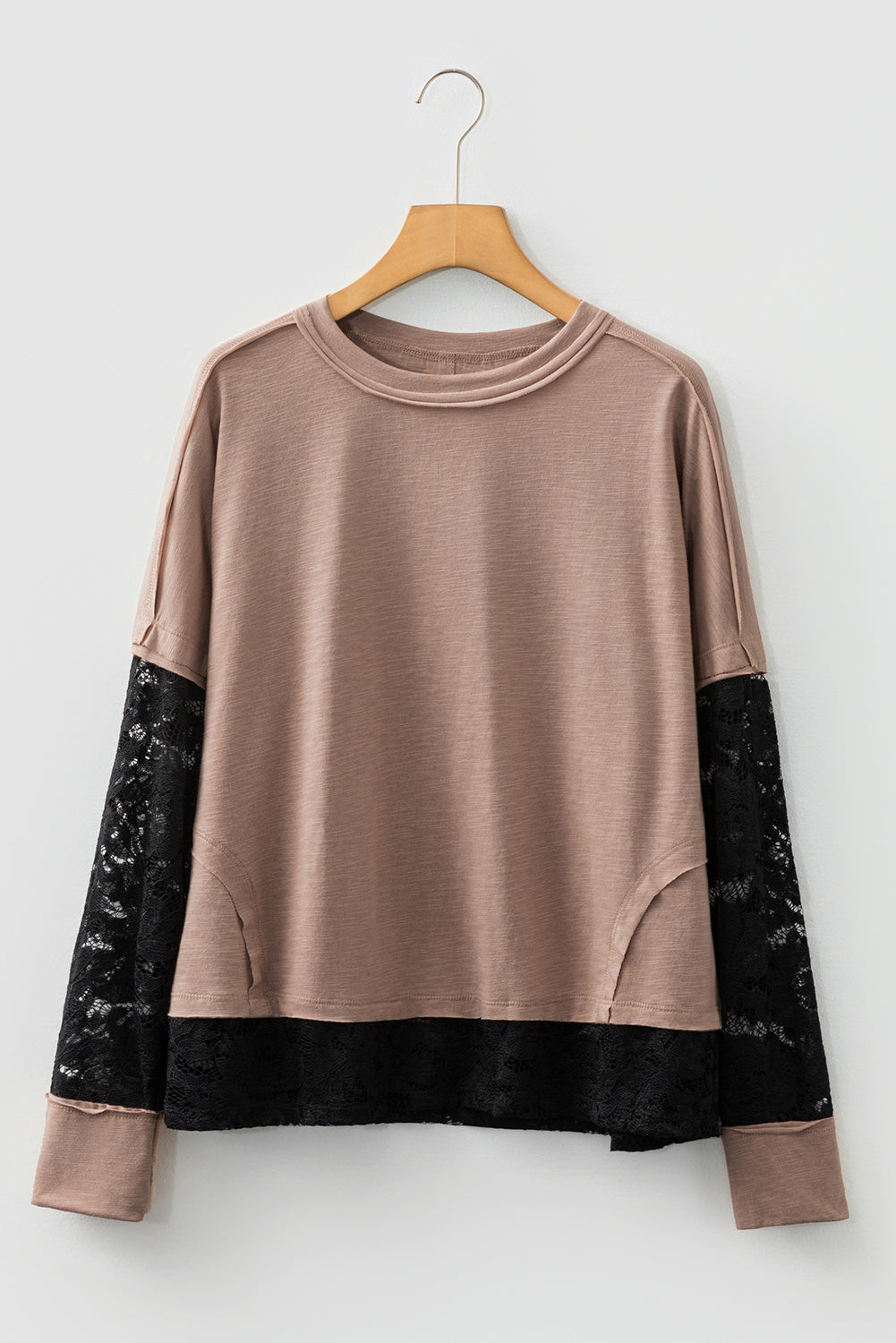 Dark Brown Sheer Lace Patchwork Casual Long Sleeve Tee