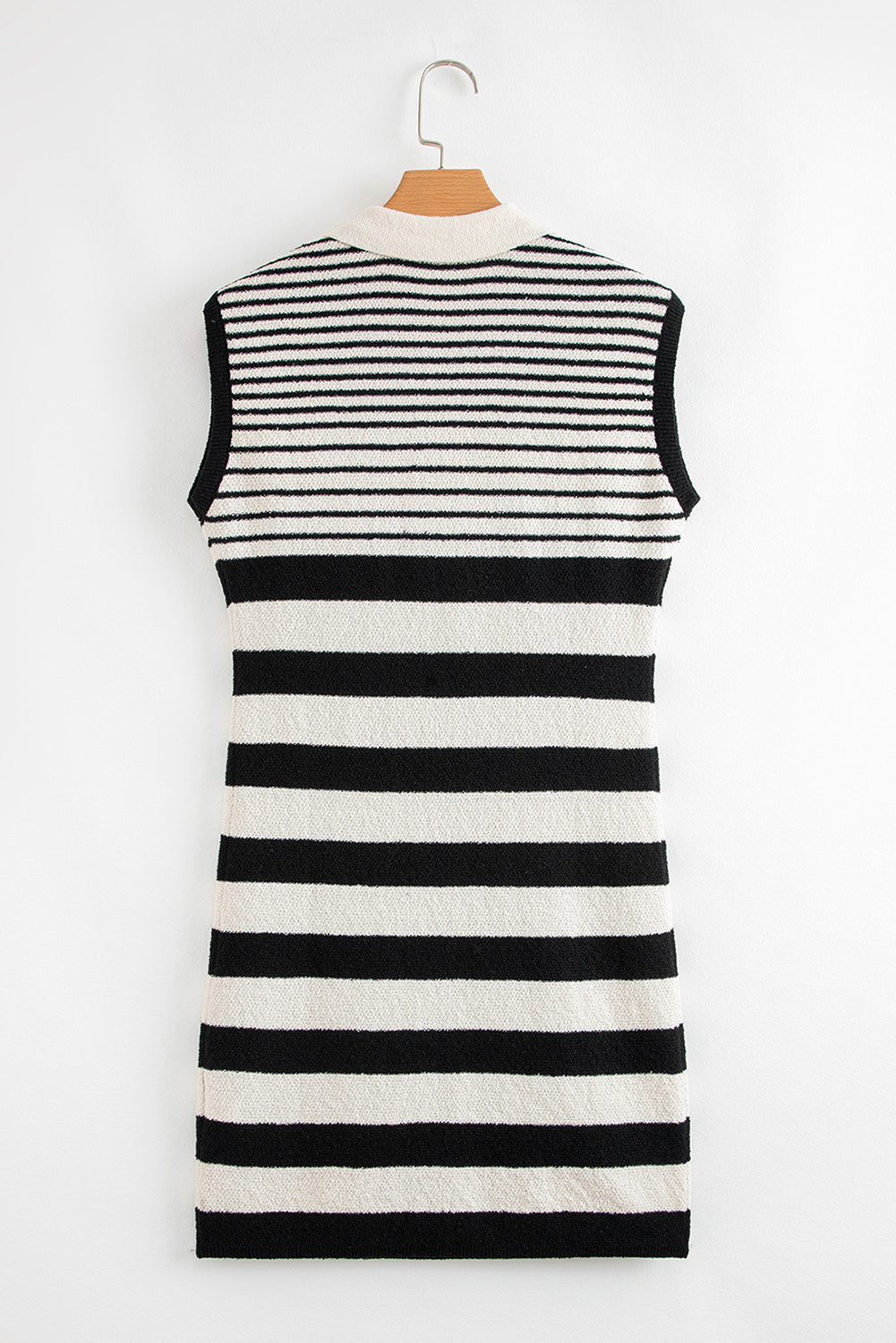Black Mixed Striped Print Half Placket Collared Cap Sleeve Bodycon Sweater Dress
