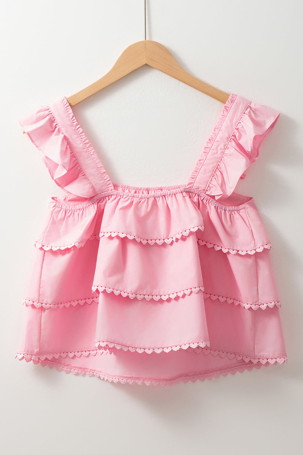 Pink Tiered Heart Trim Square Neck Flutter Top