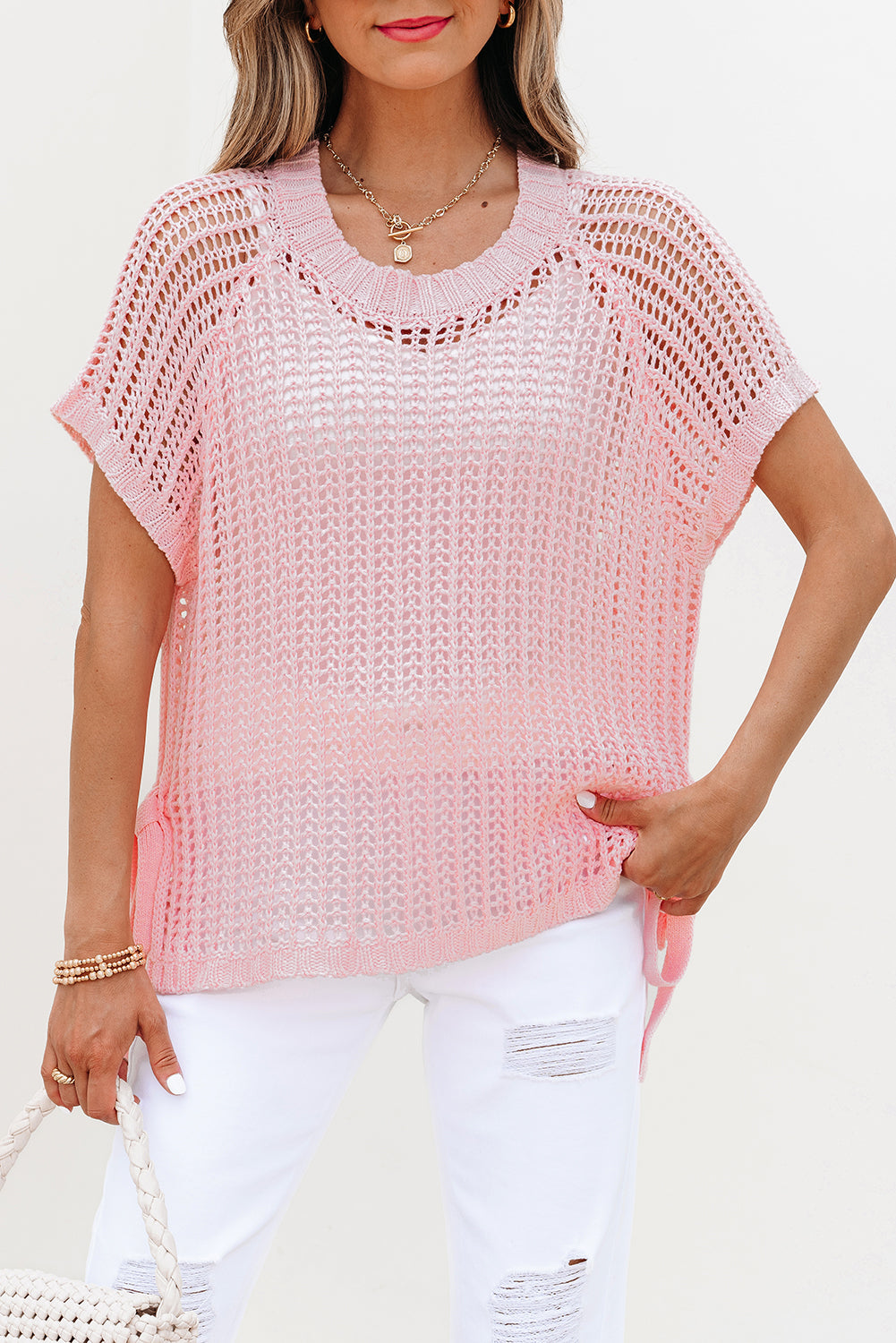 Pink Hollow-out Crochet Side Tied Short Sleeve Sweater
