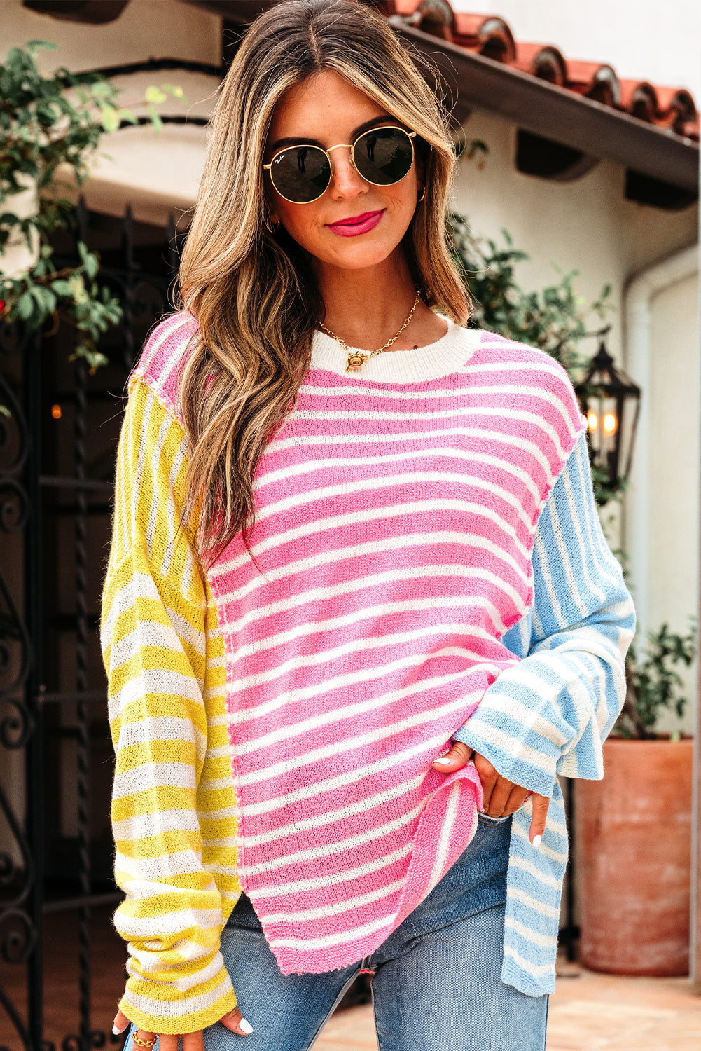 Multicolour Color Block Striped Patchwork Dolman Sleeve Slit Sweater