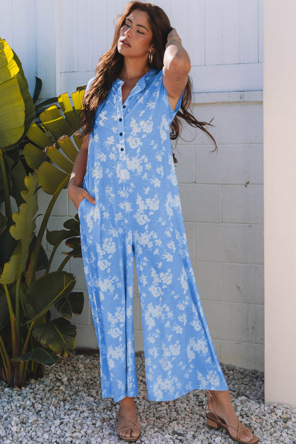 Myosotis Floral Print Half Button Wide Leg Relaxed Sleeveless Jumpsuit
