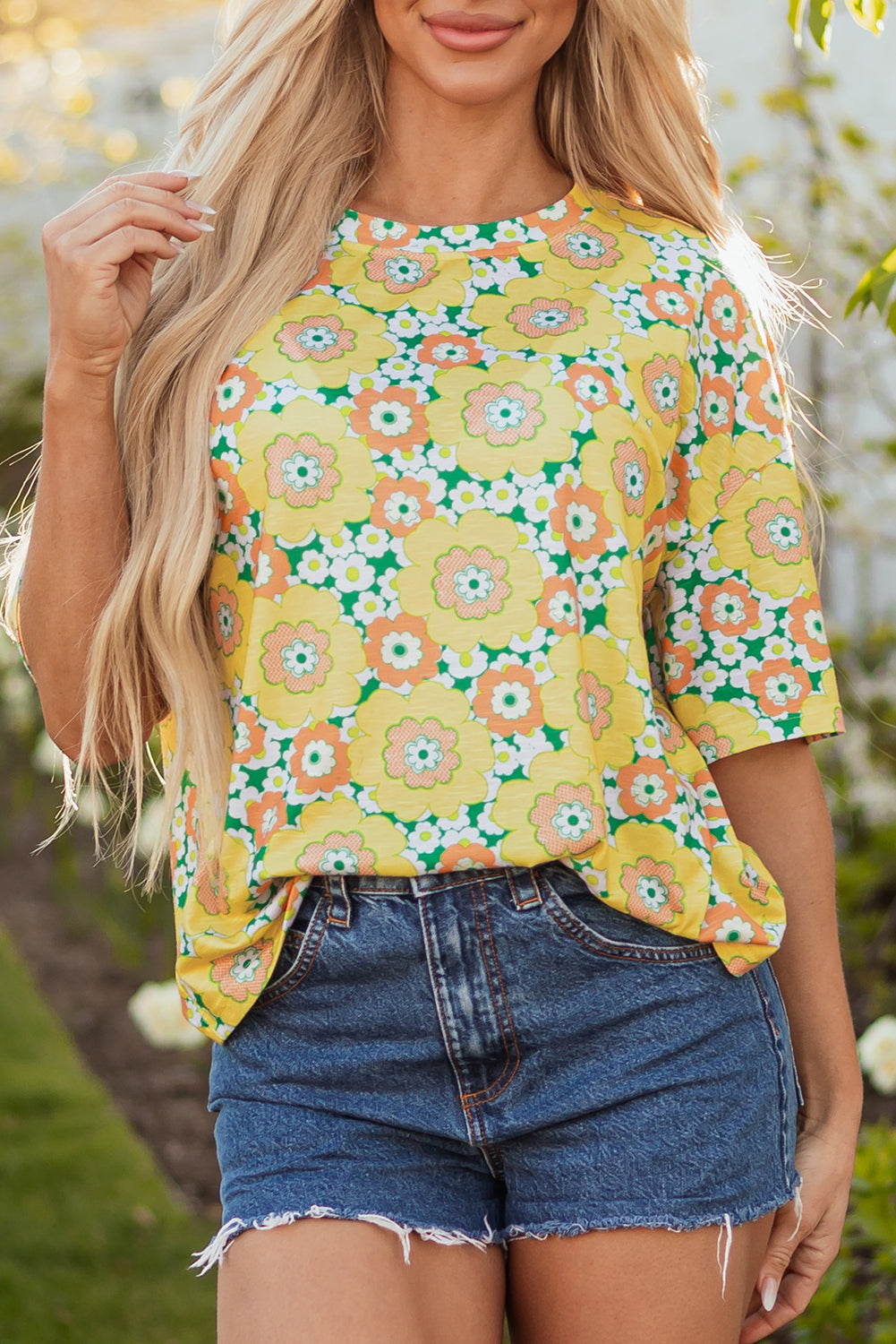 Yellow Summer Flower Printed Drop Shoulder Loose T Shirt