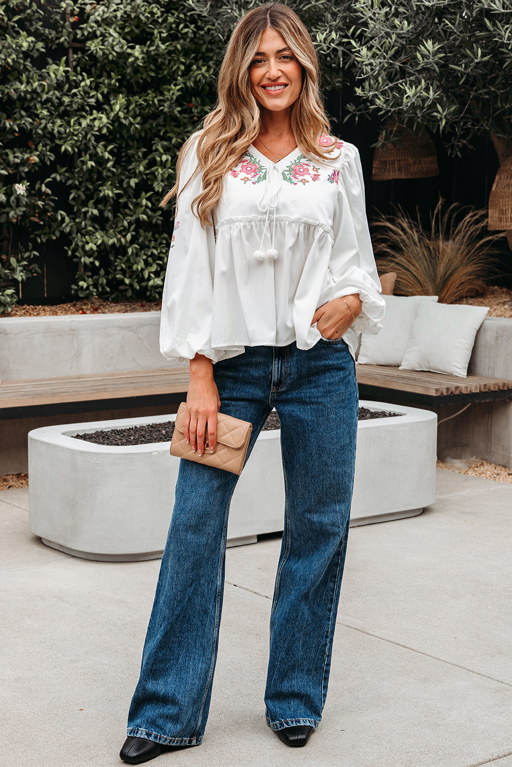 White Flower Print Lace-up V Neck Babydoll Blouse