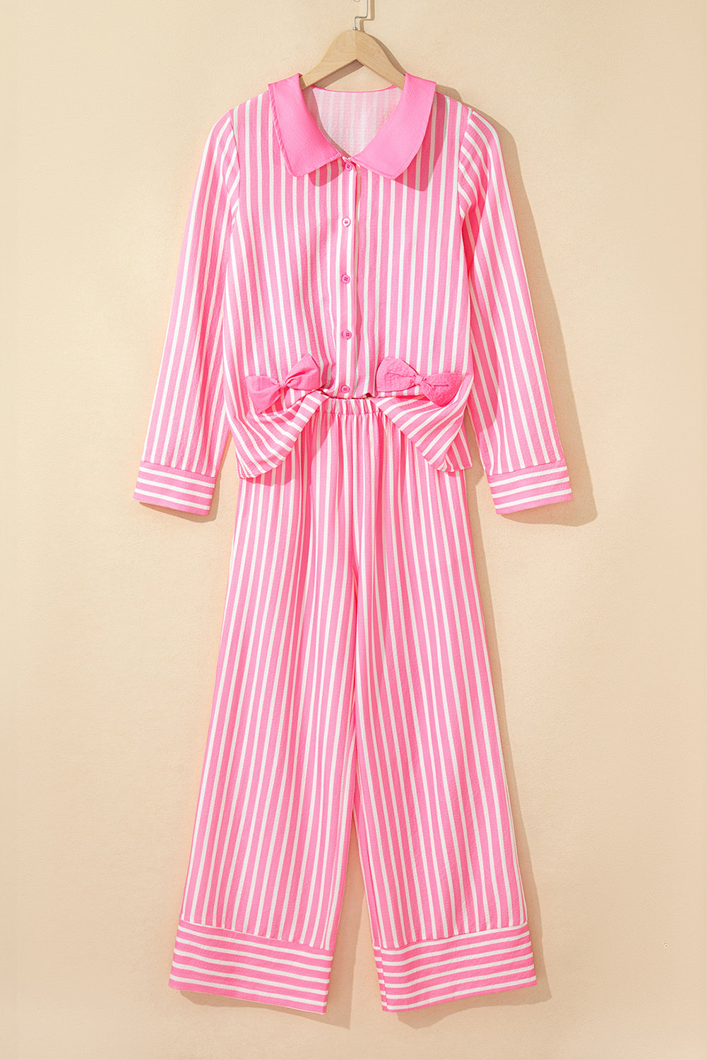 Pink Stripe Buttoned Front Long Sleeve Top and Pants 2 Piece Sleepwear